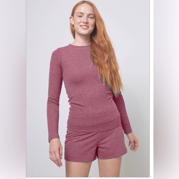 Lunya | Restore Base Long Sleeve Tee & Short Set in Port Medium PJs Loungewear - Picture 1 of 12